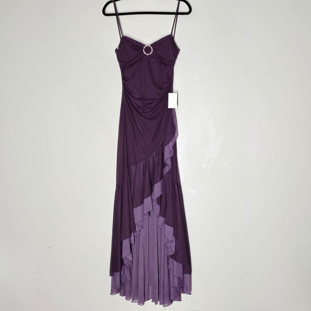 Vintage Jodi Kristopher L Purple Maxi Dress Rhinestone Ruffle Y2K Whimsigoth